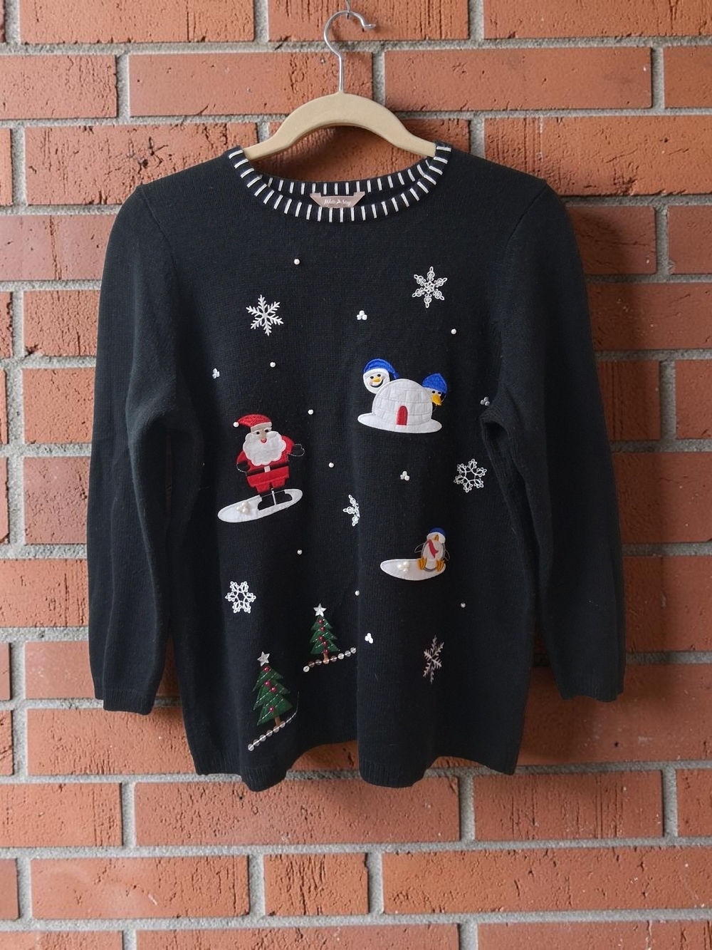 White Stag Black Holiday Sweater with Festive Embellishments